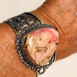 Rhodochrosite Stamped 925 Sterling Silver Cuff Bracelet